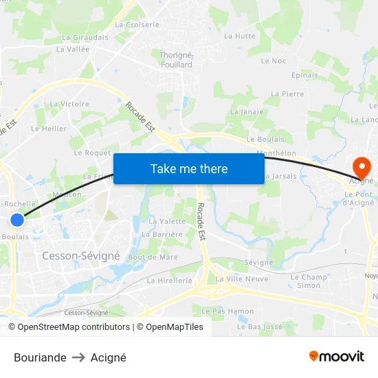 Bouriande to Acigné map