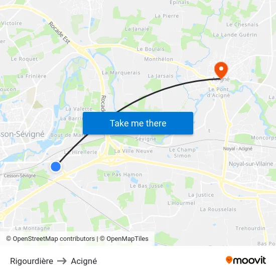 Rigourdière to Acigné map