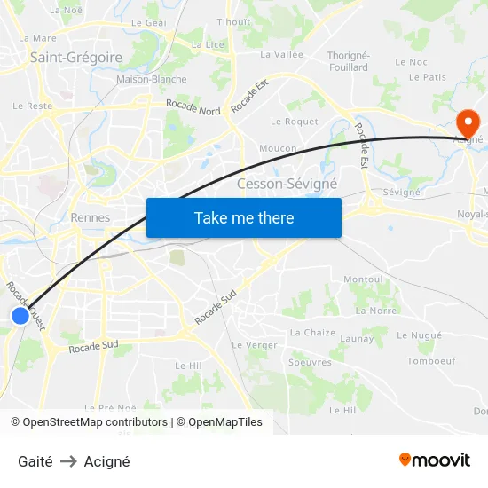 Gaité to Acigné map