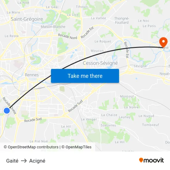 Gaité to Acigné map