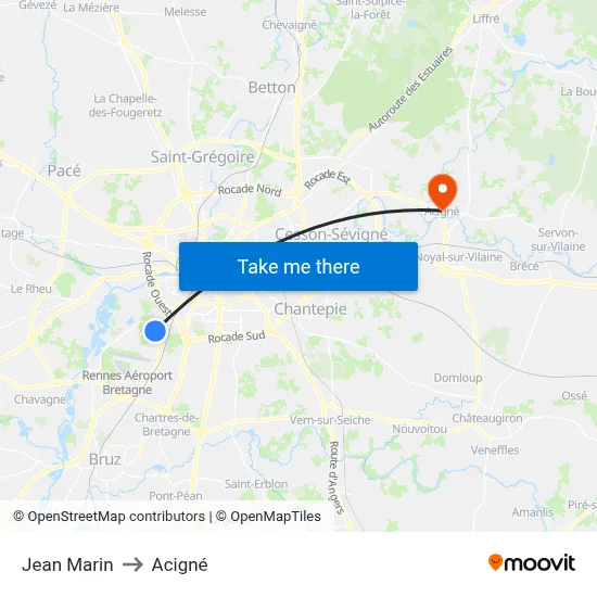Jean Marin to Acigné map