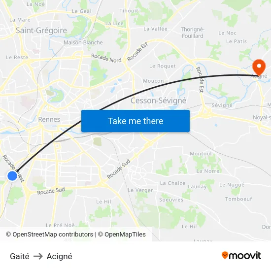 Gaité to Acigné map