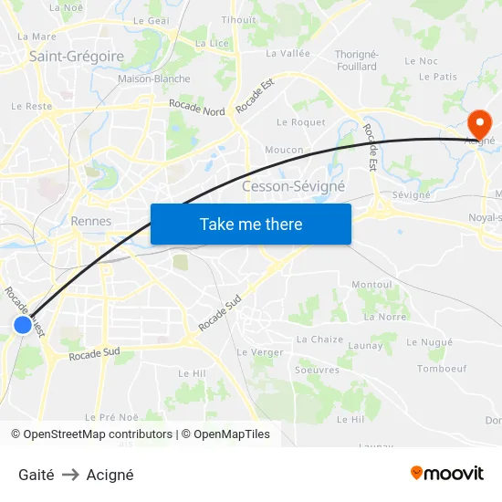 Gaité to Acigné map