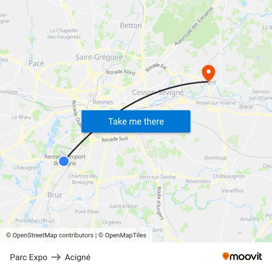 Parc Expo to Acigné map