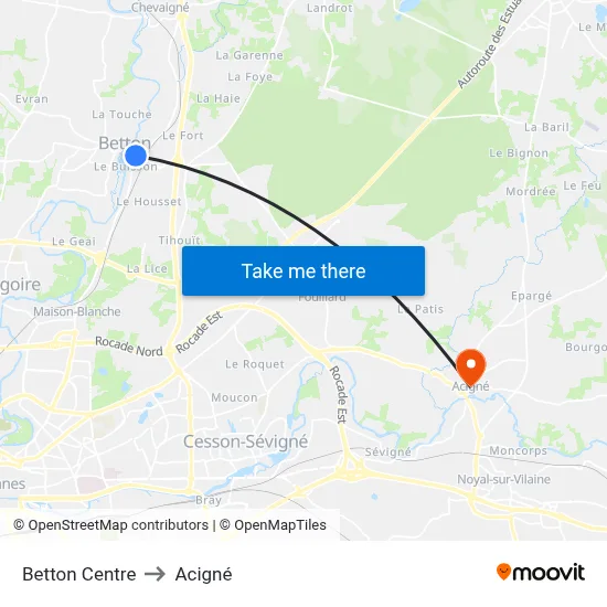 Betton Centre to Acigné map