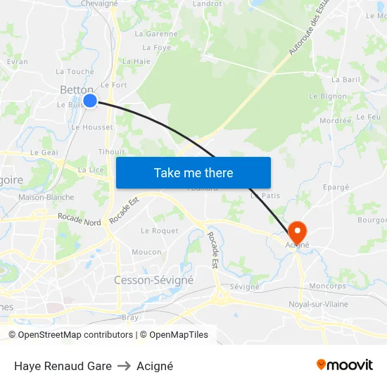 Haye Renaud Gare to Acigné map