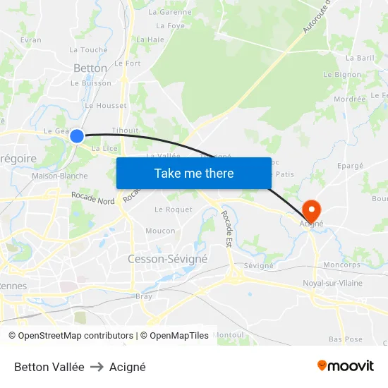 Betton Vallée to Acigné map