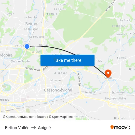 Betton Vallée to Acigné map