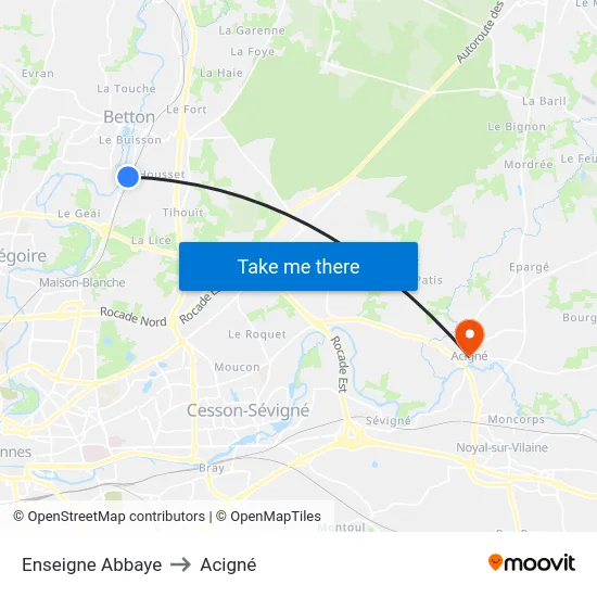 Enseigne Abbaye to Acigné map