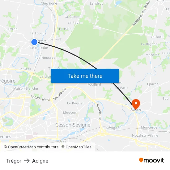 Trégor to Acigné map