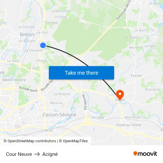 Cour Neuve to Acigné map