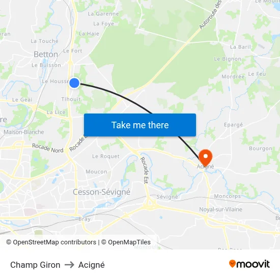 Champ Giron to Acigné map