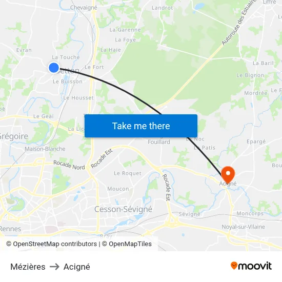 Mézières to Acigné map