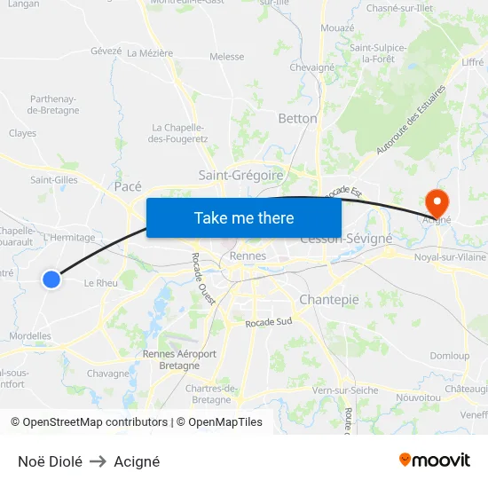 Noë Diolé to Acigné map