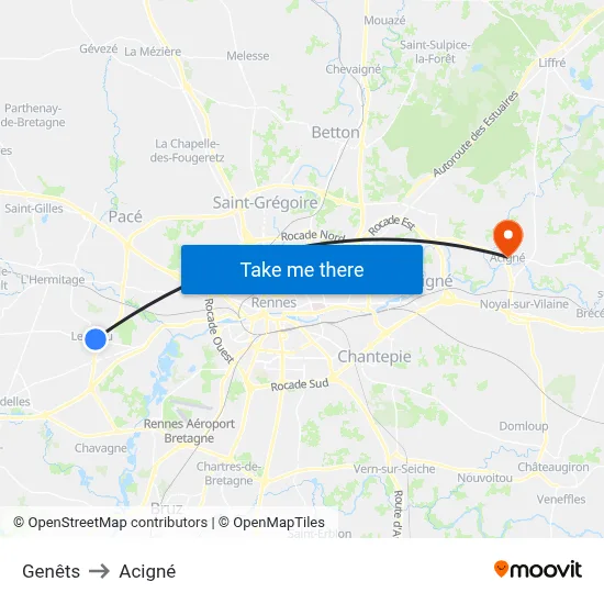 Genêts to Acigné map
