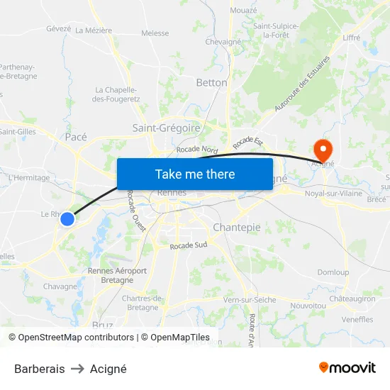Barberais to Acigné map