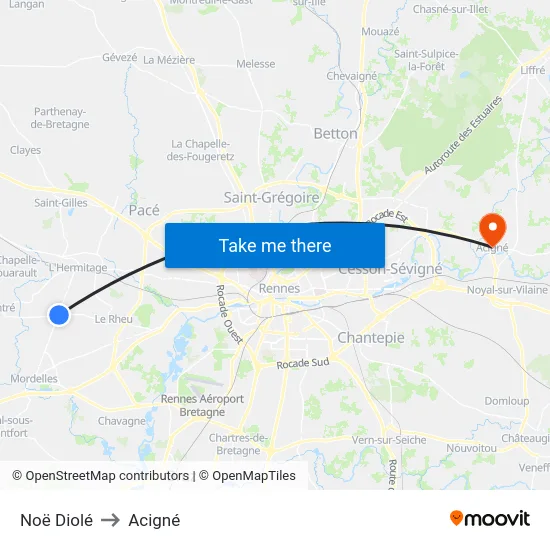 Noë Diolé to Acigné map