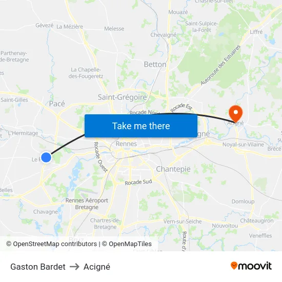 Gaston Bardet to Acigné map