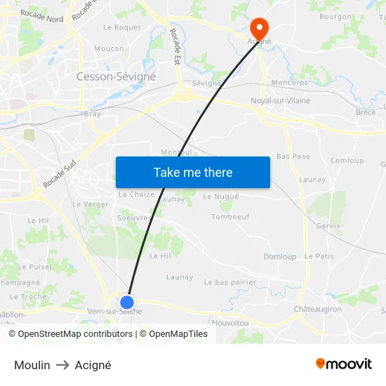 Moulin to Acigné map