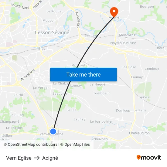 Vern Eglise to Acigné map
