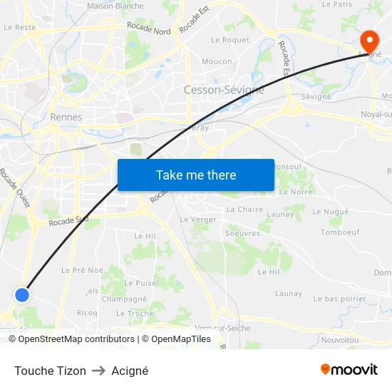 Touche Tizon to Acigné map
