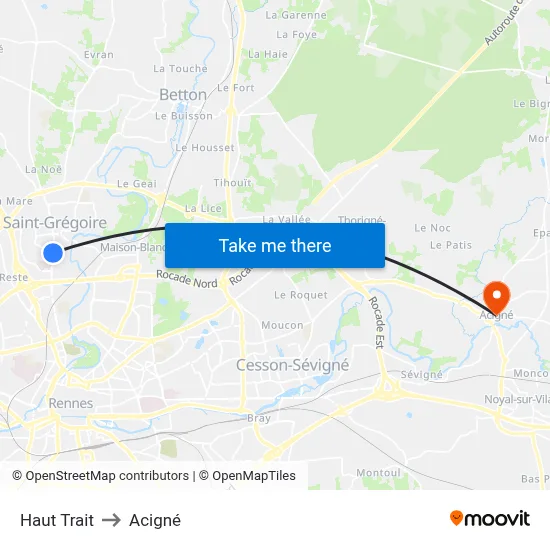 Haut Trait to Acigné map