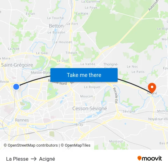 La Plesse to Acigné map