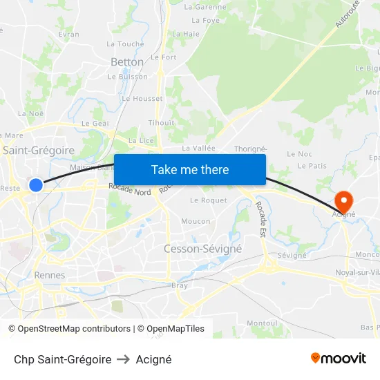 Chp Saint-Grégoire to Acigné map