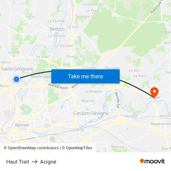 Haut Trait to Acigné map