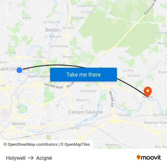 Holywell to Acigné map