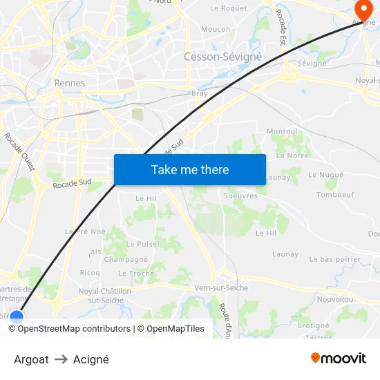 Argoat to Acigné map