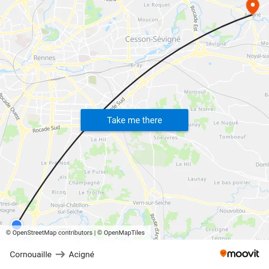 Cornouaille to Acigné map