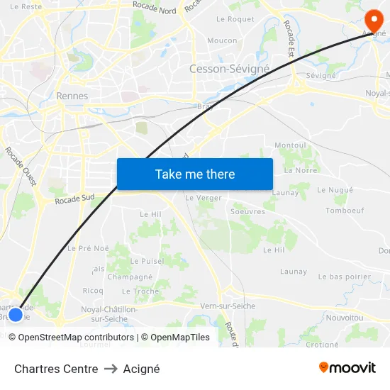 Chartres Centre to Acigné map
