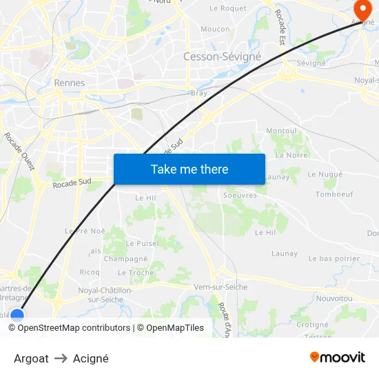 Argoat to Acigné map