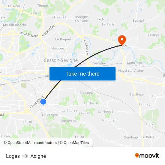 Loges to Acigné map
