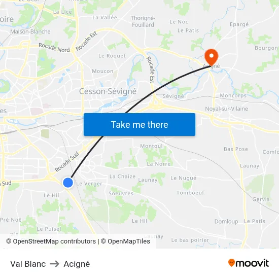 Val Blanc to Acigné map