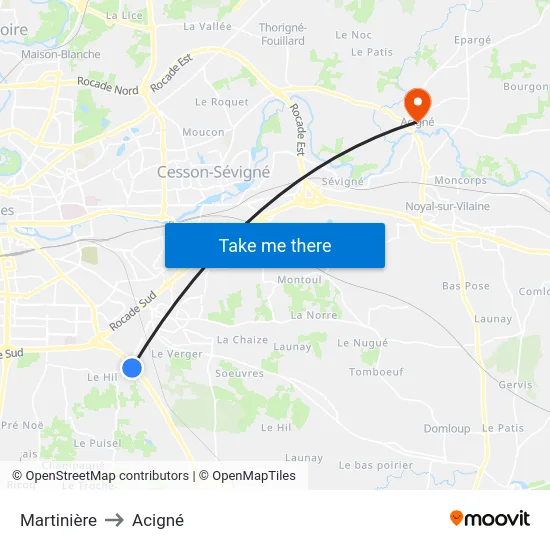 Martinière to Acigné map