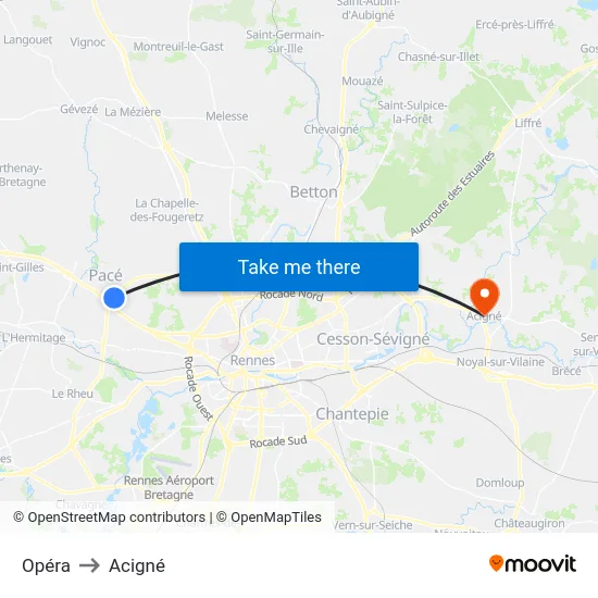 Opéra to Acigné map