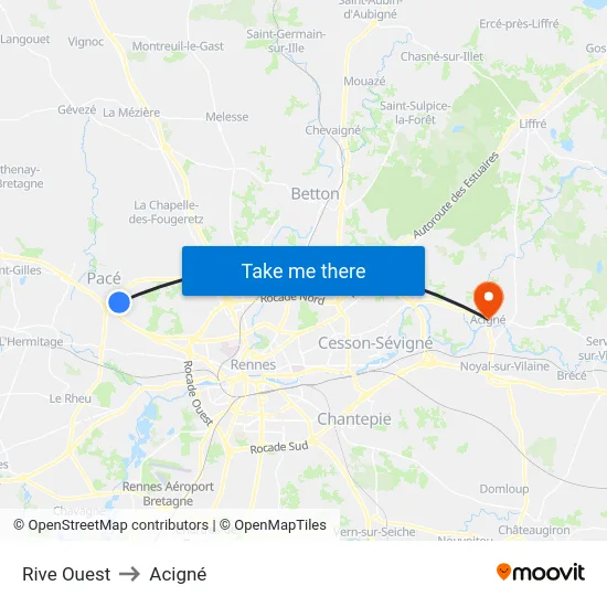 Rive Ouest to Acigné map