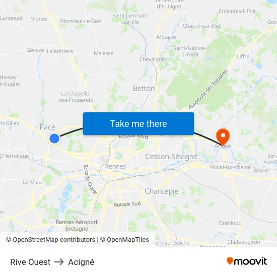 Rive Ouest to Acigné map