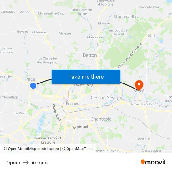 Opéra to Acigné map