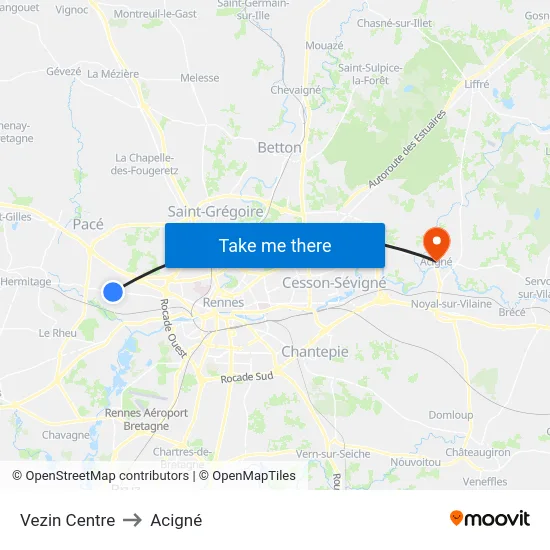 Vezin Centre to Acigné map