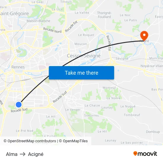 Alma to Acigné map