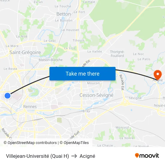 Villejean-Université (Quai H) to Acigné map