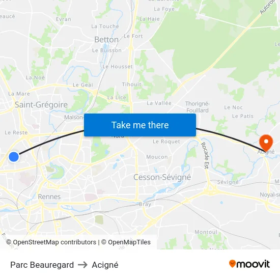 Parc Beauregard to Acigné map