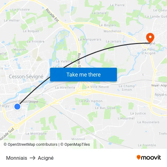 Monniais to Acigné map