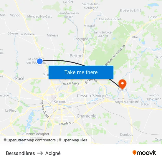 Bersandières to Acigné map