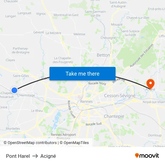 Pont Harel to Acigné map