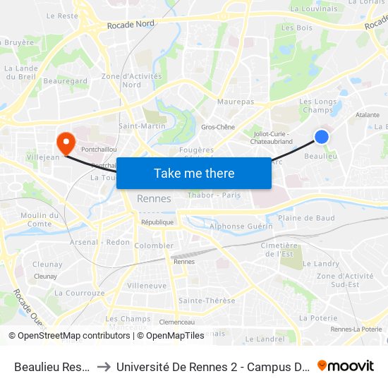 Beaulieu Restau U to Université De Rennes 2 - Campus De Villejean map