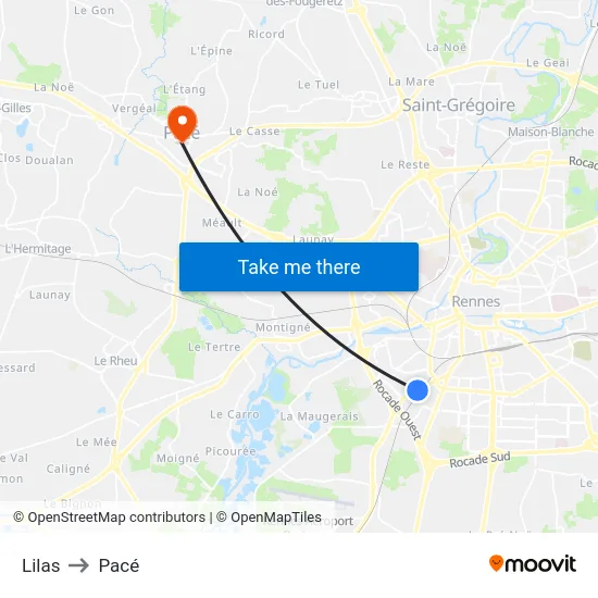 Lilas to Pacé map